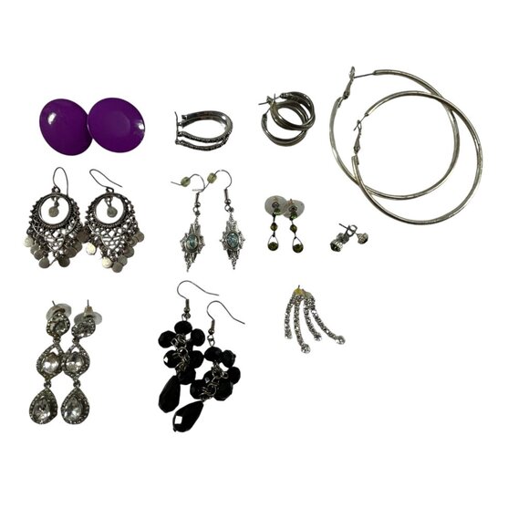 Mixed Lot 11 Earrings Dangle Hoops Beaded Rhinestones Silver Tone - Picture 16 of 16